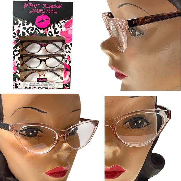 Betsey Johnson +1.50 Reading Glasses Readers 3 Pack Set Cat Eye Tortoise Maroon - Picture 8 of 8